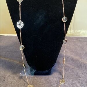 Long Gold Tone Chain Necklace Crystal Bead Disc Statement Jewelry 36” Layering